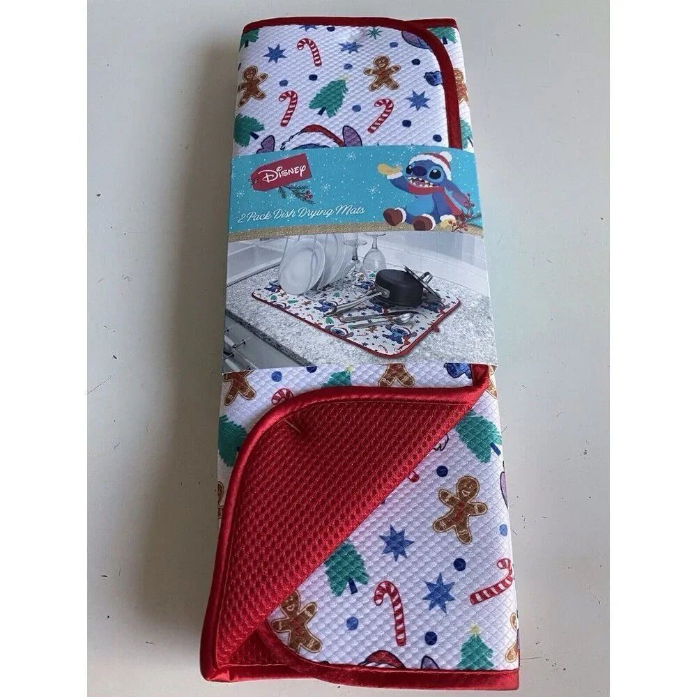 2 Pack Disney Stitch Christmas Dish Drying Mat Santa Hat‎ Gingerbread Candy Cane